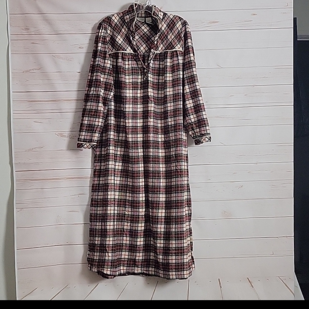 LL Bean Womens Christmas Plaid Nightgown Smal Red White Green 90s VINTAGE